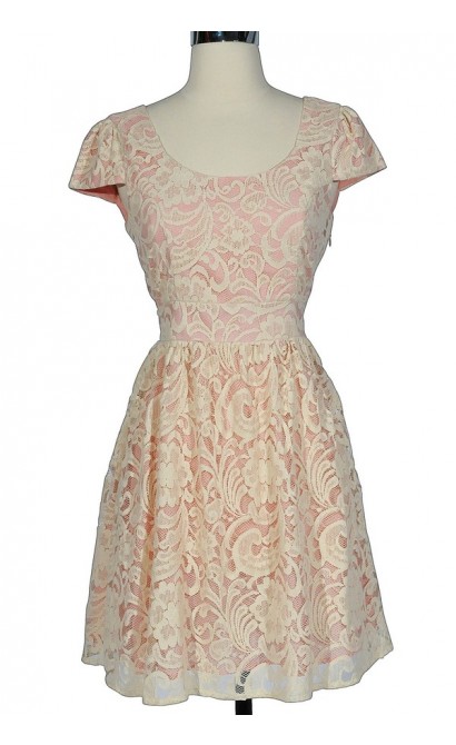 Pink and Cream Floral Lace Capsleeve Dress